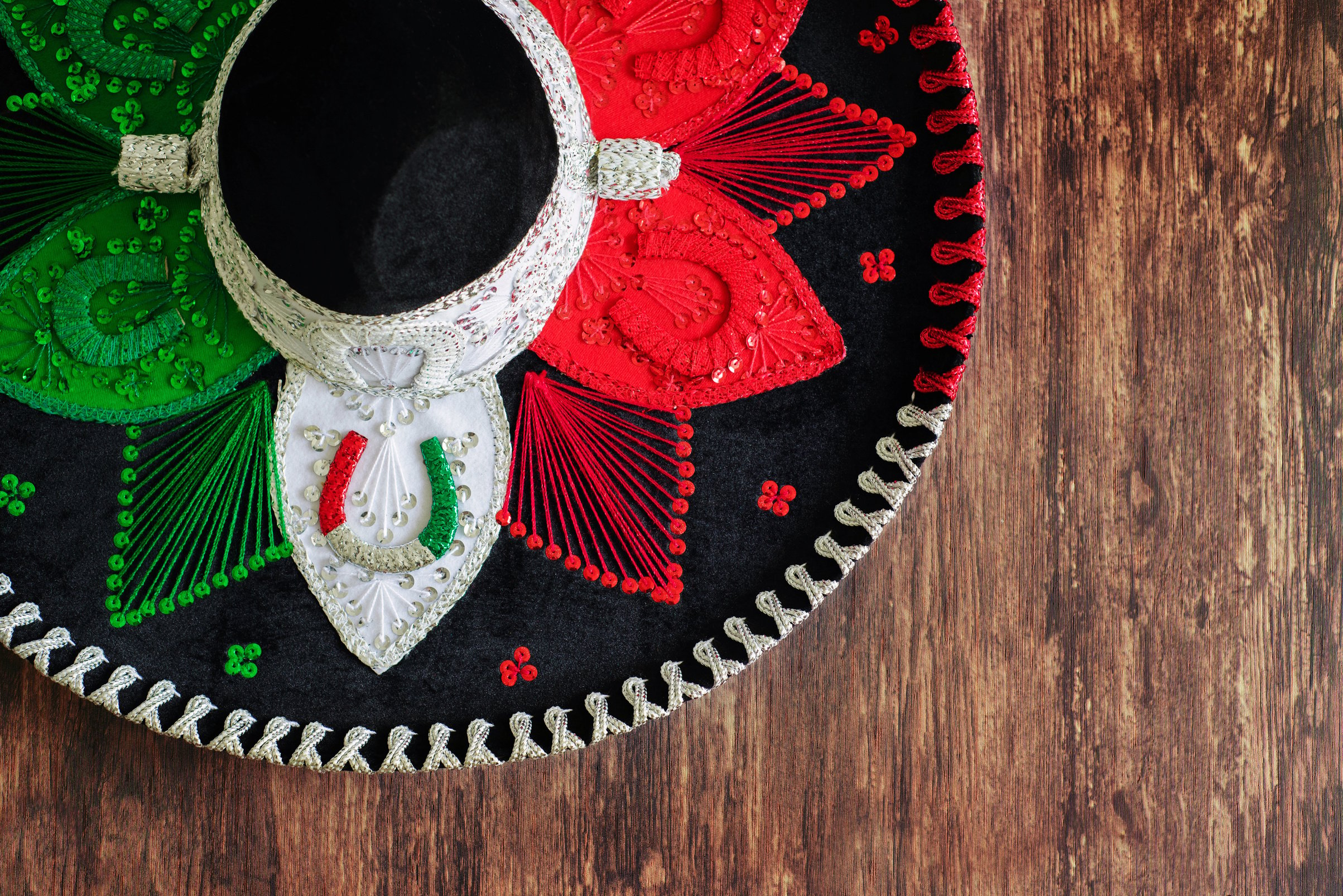 Mexican charro hat on wooden table.